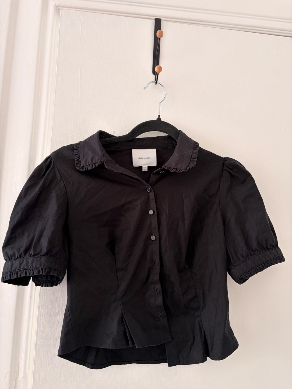 Reformation Black Puff Sleeve Button-Up Blouse